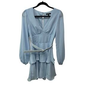 City Studios Belted Mini Dress Long-Sleeve Tiered Ruffle Hem Sky Blue Womens 3 4